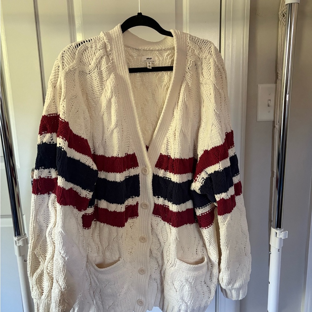 Aerie Cream Cardigan with Red and Navy Stripes